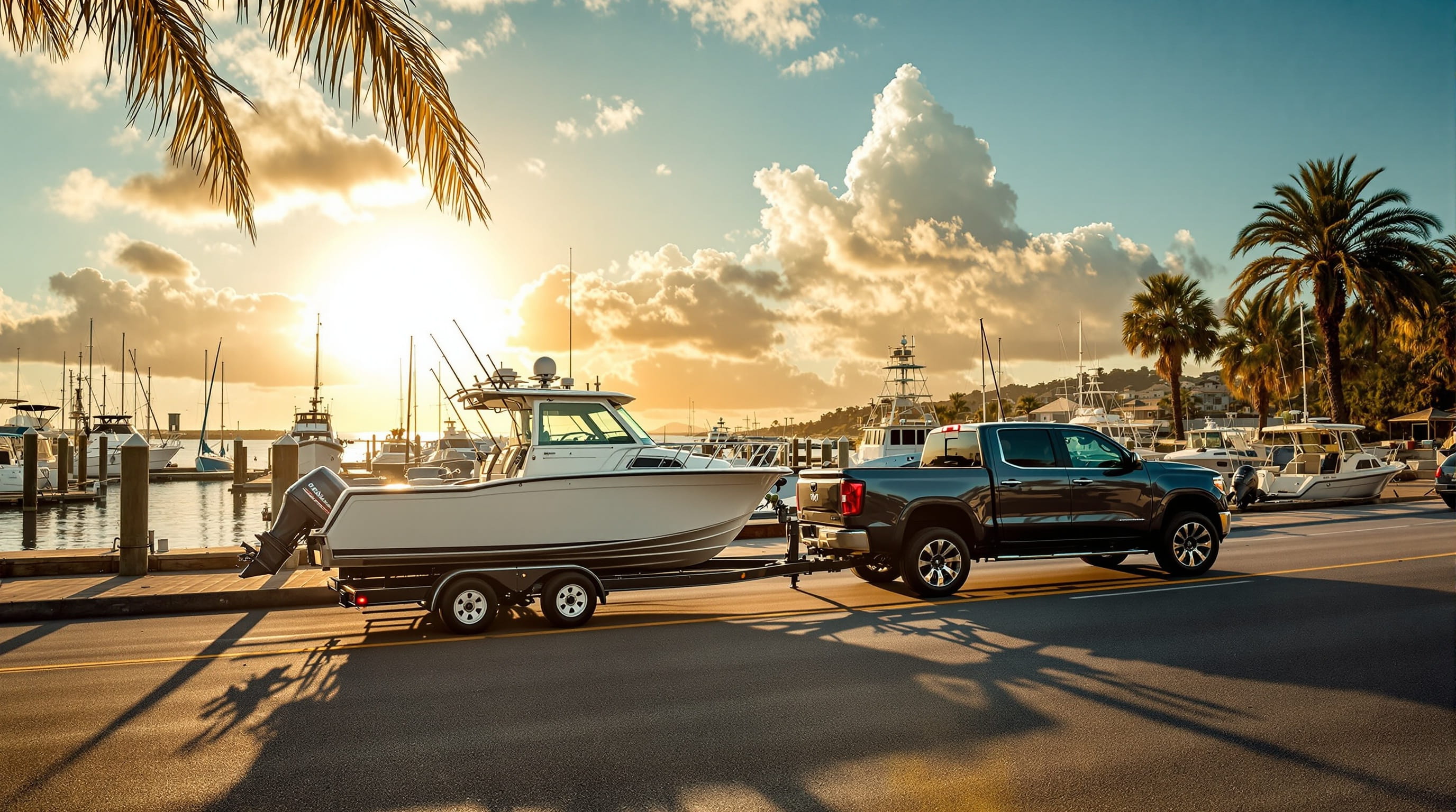 Fishing boat on trailer at coastal marina
